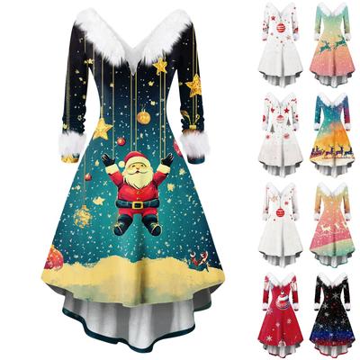 Damenmode V-Ausschnitt Lässig Schlank Weihnachten Bedruckte Party Langarm Kleider