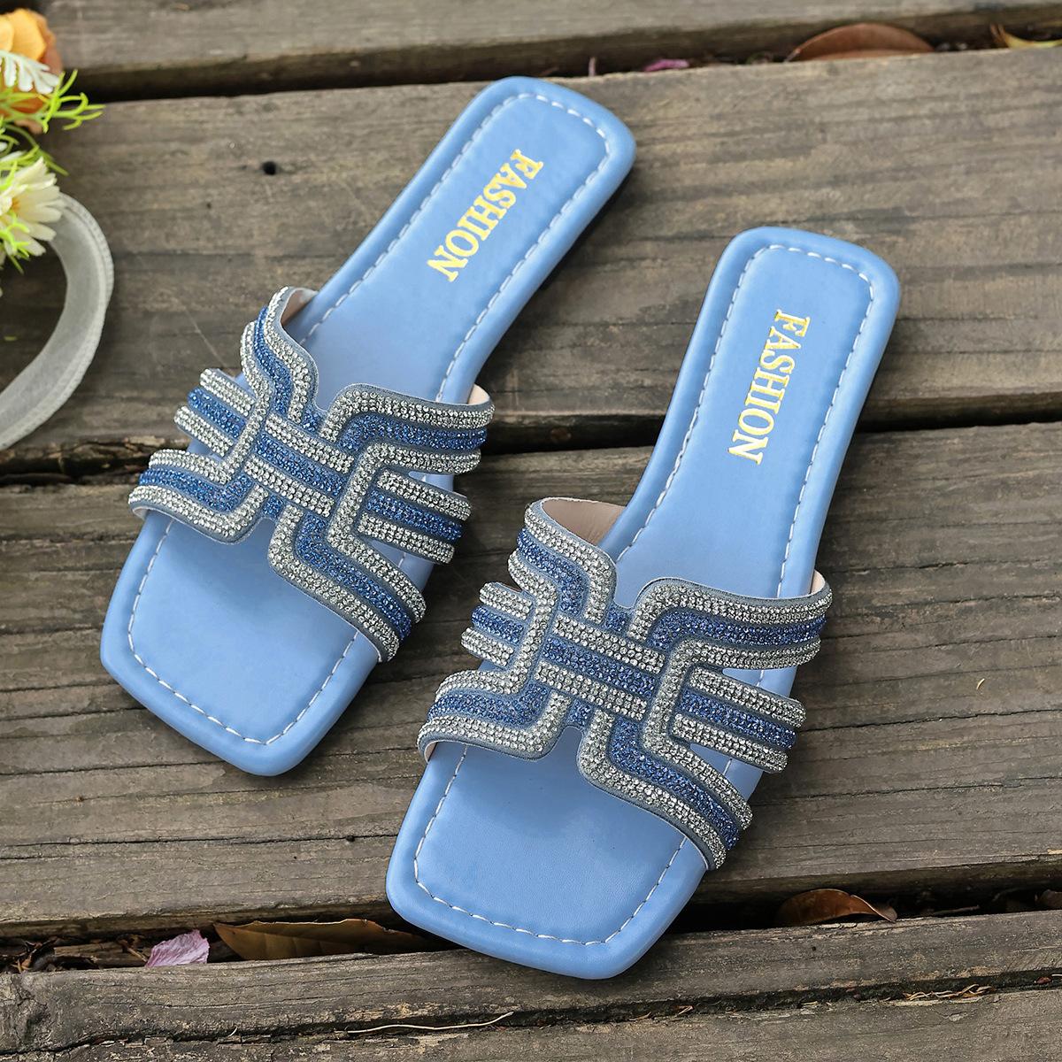 

Модные тапочки со стразами на плоской подошве, летние, новые, нишевые, повседневные, односложные, легкие, пляжные, классные, женские тапочки 36 небесно-голубой