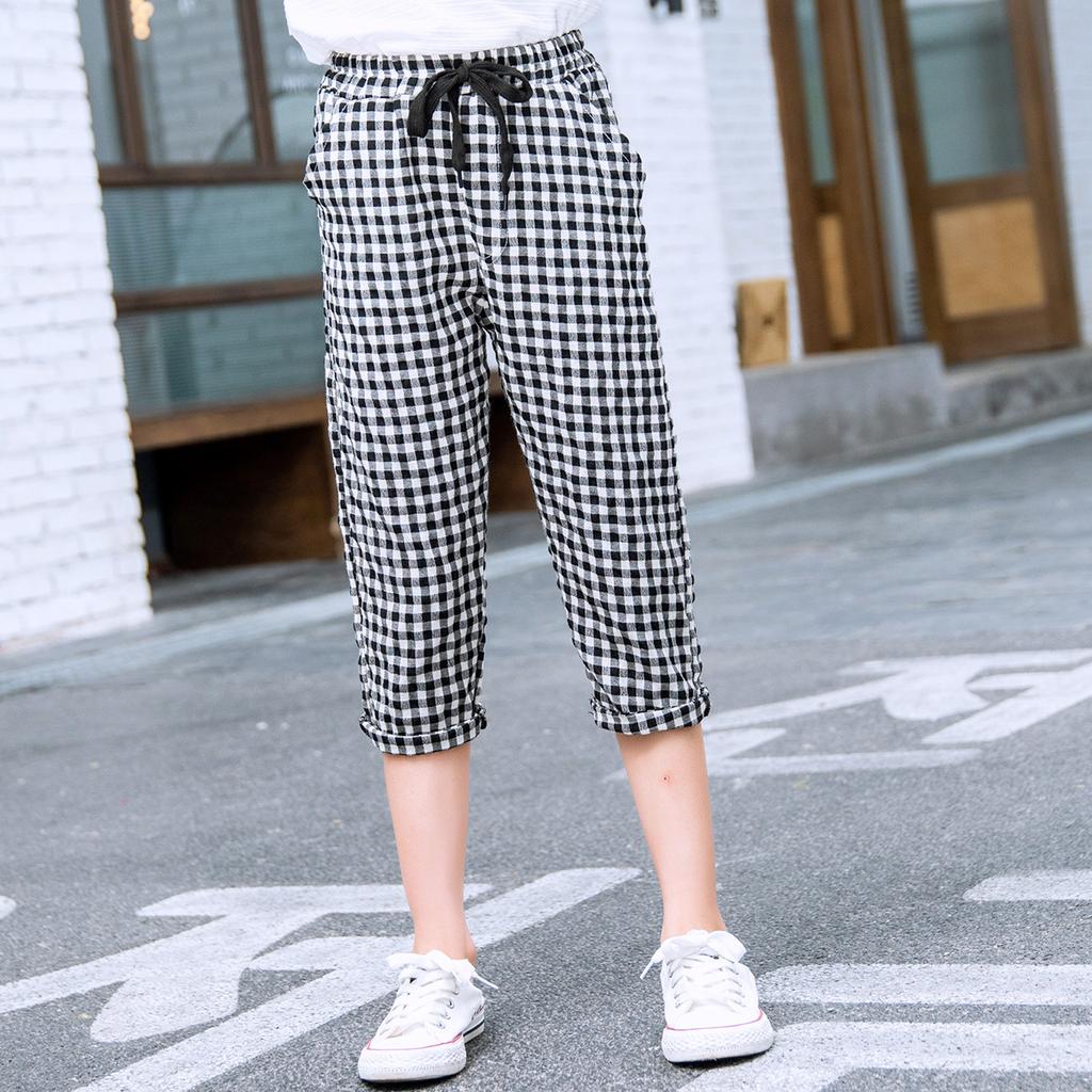 Girls' plaid casual cropped pants