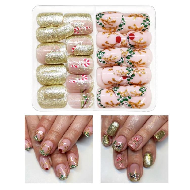 48 Pcs Candy Cane False Nail Christmas Full Cover Stick on Nail Short Square Press On Nail Manicures Supplies