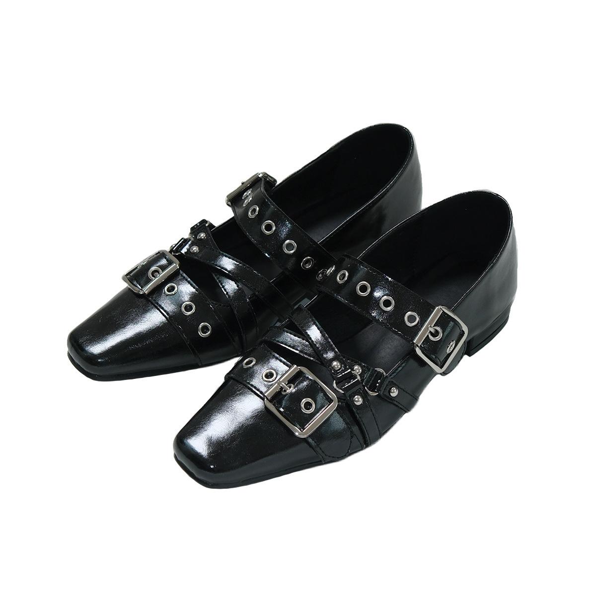 

Silver Single Shoes Original Mary Jane Small Square Head Riveted Ballet Flats 42 чорний