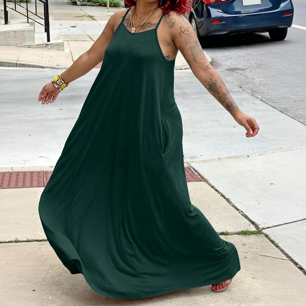 Women's Loose Fit Sleeveless Maxi Dress Casual Spaghetti Strap Relaxed Style Long Dress with Pockets for Summer Fashion