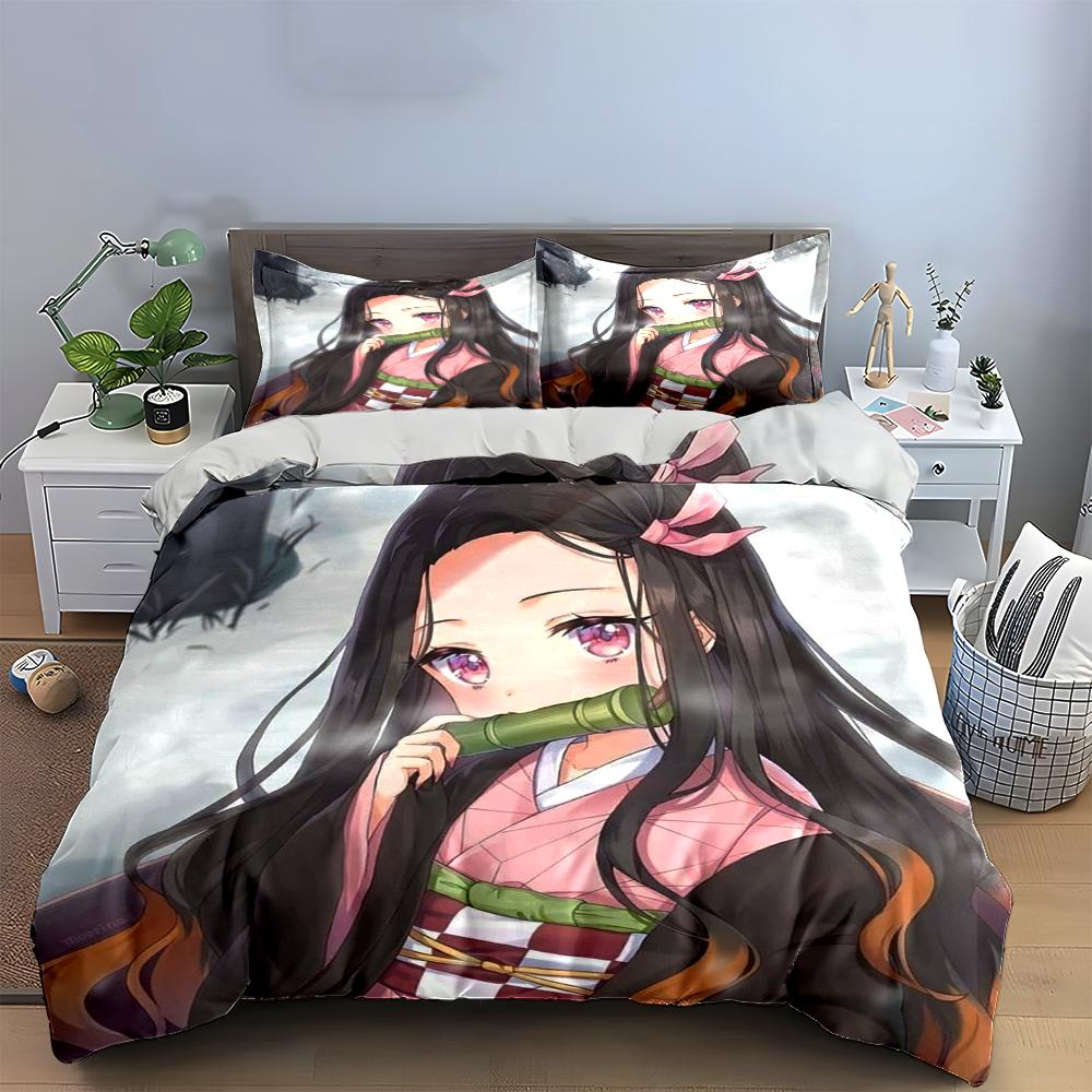 Anime Girl Pink Kimono 3-Piece Bedding Set Bedding set (1 duvet cover, 2 pillowcases, duvet not included)