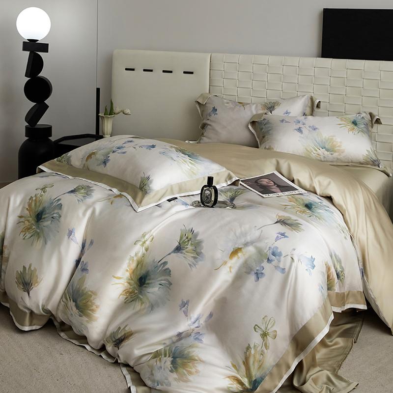 Floral Plant Print Color Blocking Bedding Set Lyocell Bamboo Fiber Soft Silky Duvet Cover Flat/Fitted Bed Sheet Pillowcases 4Pcs