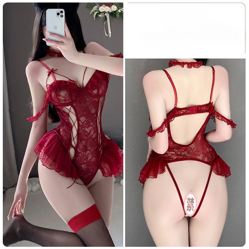 Women’s Sheer Mesh Lace Bodysuit Sexy Open-Crotch Backless Lingerie with Collar Strap