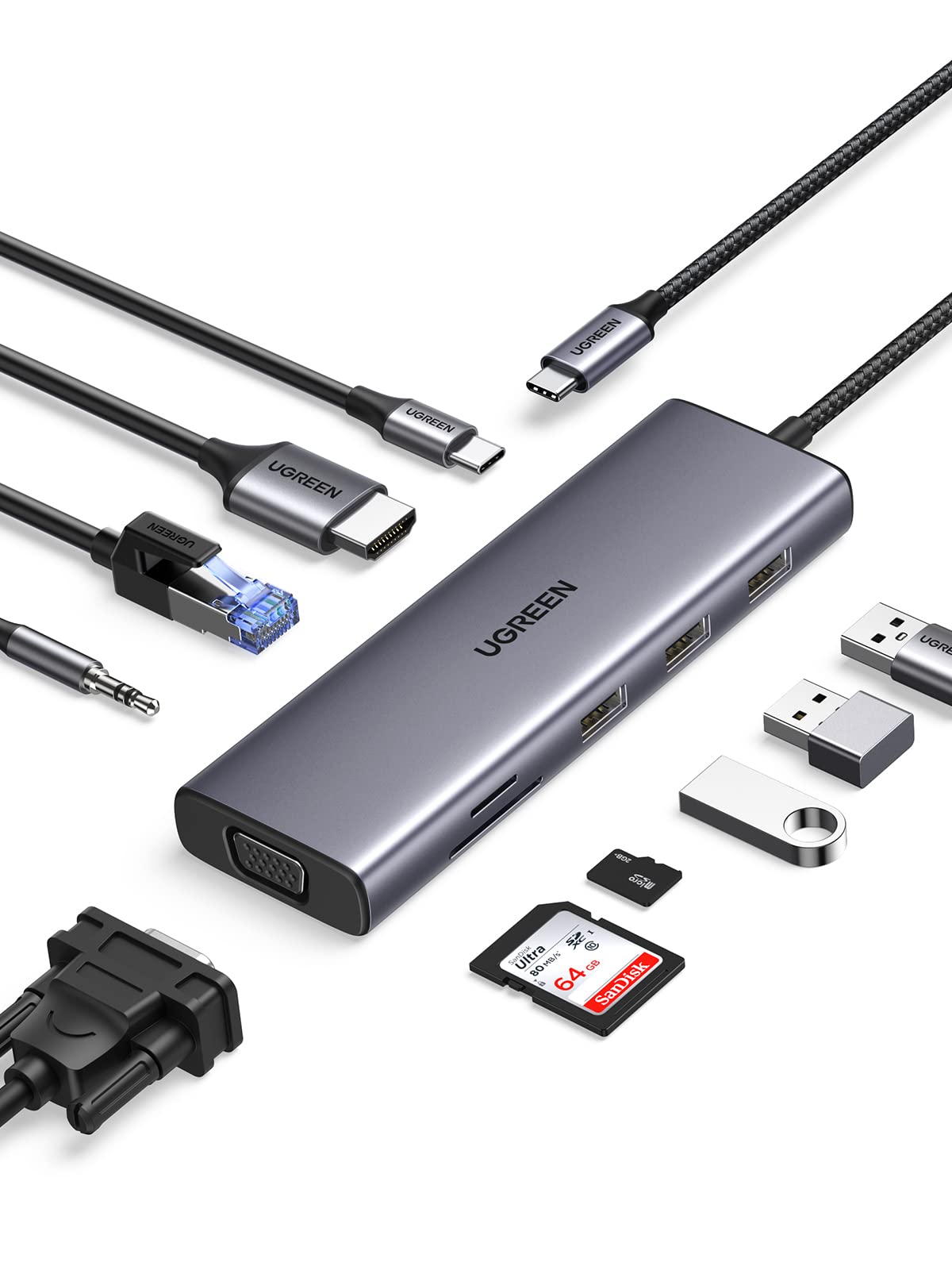 

UGREEN USB C Hub with 4K HDMI VGA 3x USB 100W PD Fast 1Gbps Audio Card Docking Station for MacBook and More 10-in-1 & Output, 3.0 Hub, Charging, сірий колір