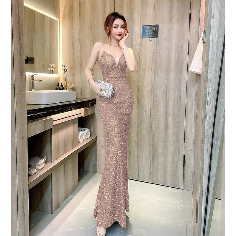High-end Small Evening Dress Femininity Queen Banquet Suspender Temperament Fishtail Skirt Gold Long Birthday Advanced Texture