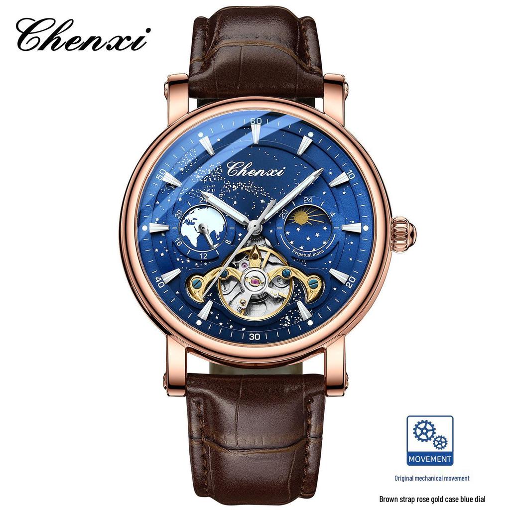 Dawn Star River Moon Phase Skeleton Tourbillon Men's Automatic Luminous Leather Strap Watch