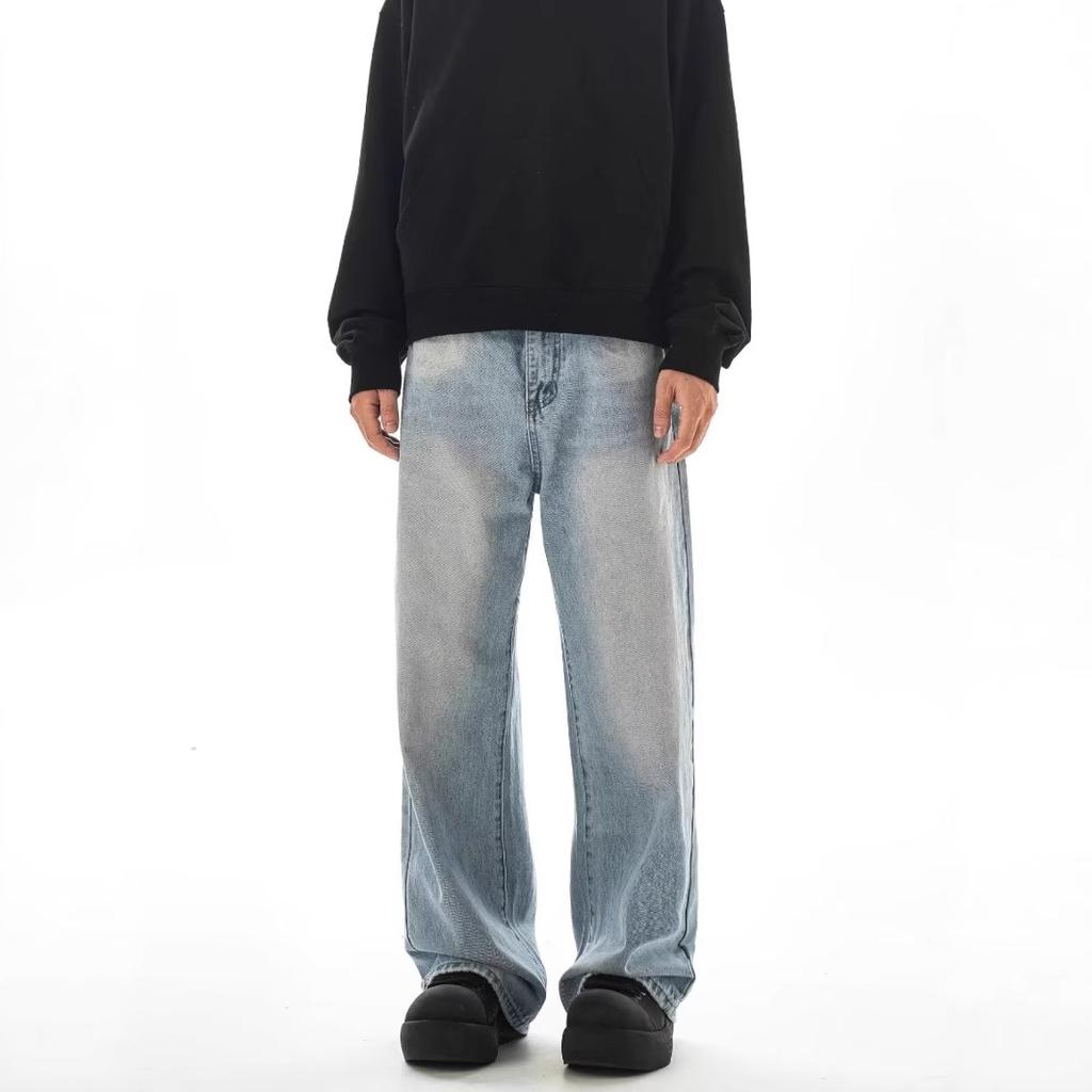 American vibe basic versatile washed light-colored wide-leg jeans men's retro ins loose straight casual trousers
