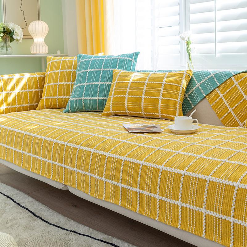 Gray Sofa Cushion Cotton and Linen Thickened, Universal for All Seasons, Simple Modern Anti-slip Plaid Sofa Cover with Cloth Towel