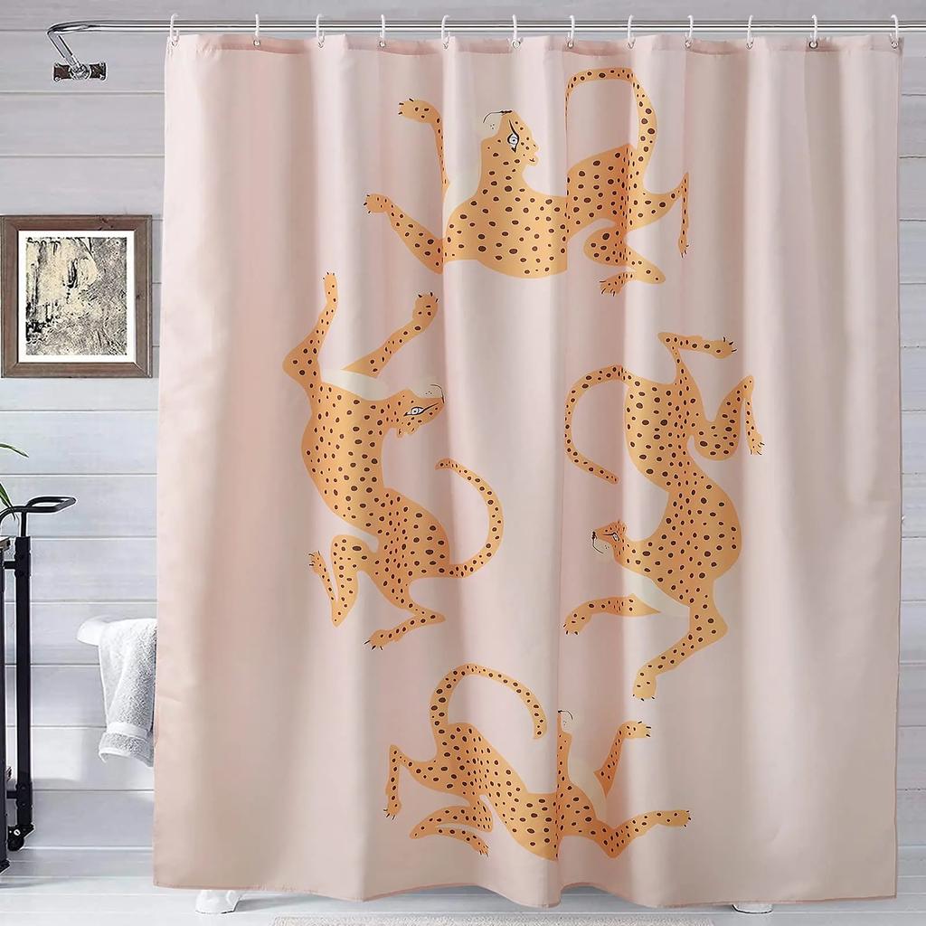 Boho Gepard Duschvorhang, Tropischer Leopard Wildtier Badevorhang, Modern Ästhetisch Rosa Mondphase Blau Floral Badezimmer Curta