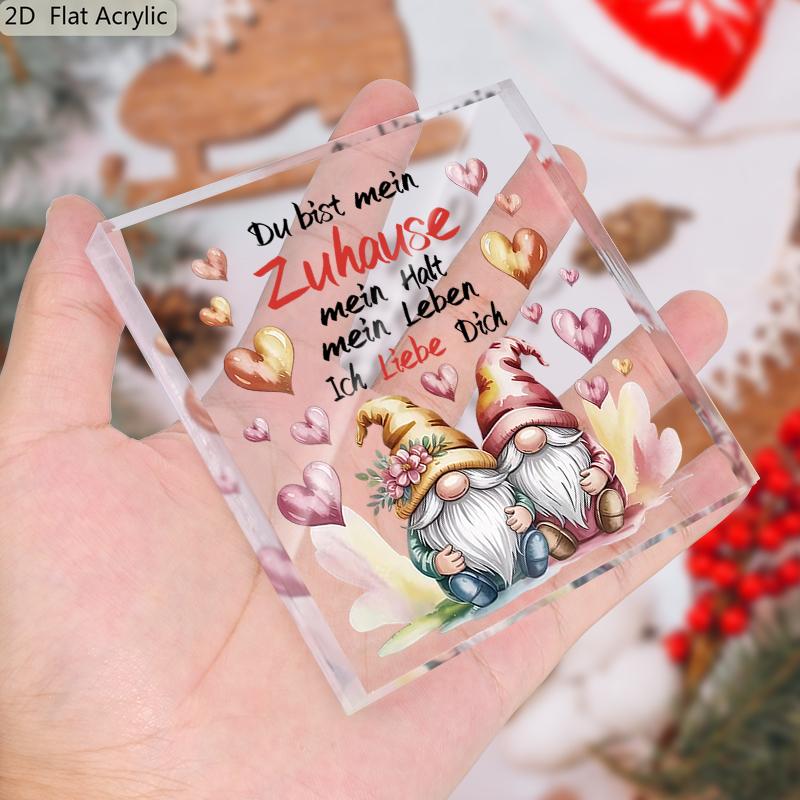 2D Flat, "Du Bist Mein" Heart-Shaped Gnome Acrylic Desktop Decoration Plaque, Suitable for wall Decoration, porch, Room, Villa, accents Home, Hallway,