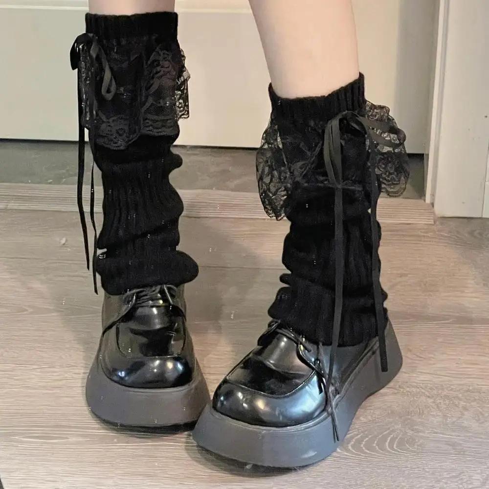 Y2K Japanese Lolita Girls Lace Bow Leg Warmer Women Knitted Warm Foot Cover Black White Knee Warmers Long Socks Jk Crochet Socks