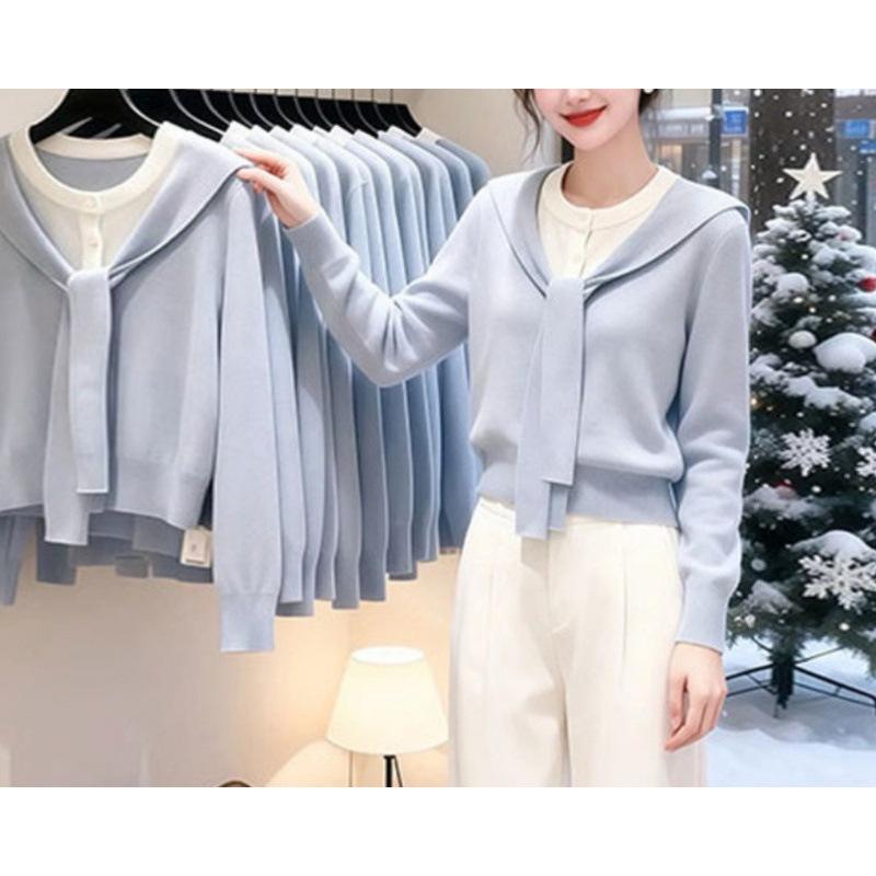 Shawl sweet temperament splicing sweater knitted sweater women's spring autumn and winter new fake two-piece top