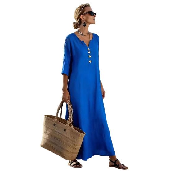 Loose Maxi Dress for Women,  3/4 Sleeve Button Up V Neck Casual Long Dress, Summer Flowy Beach Sundress