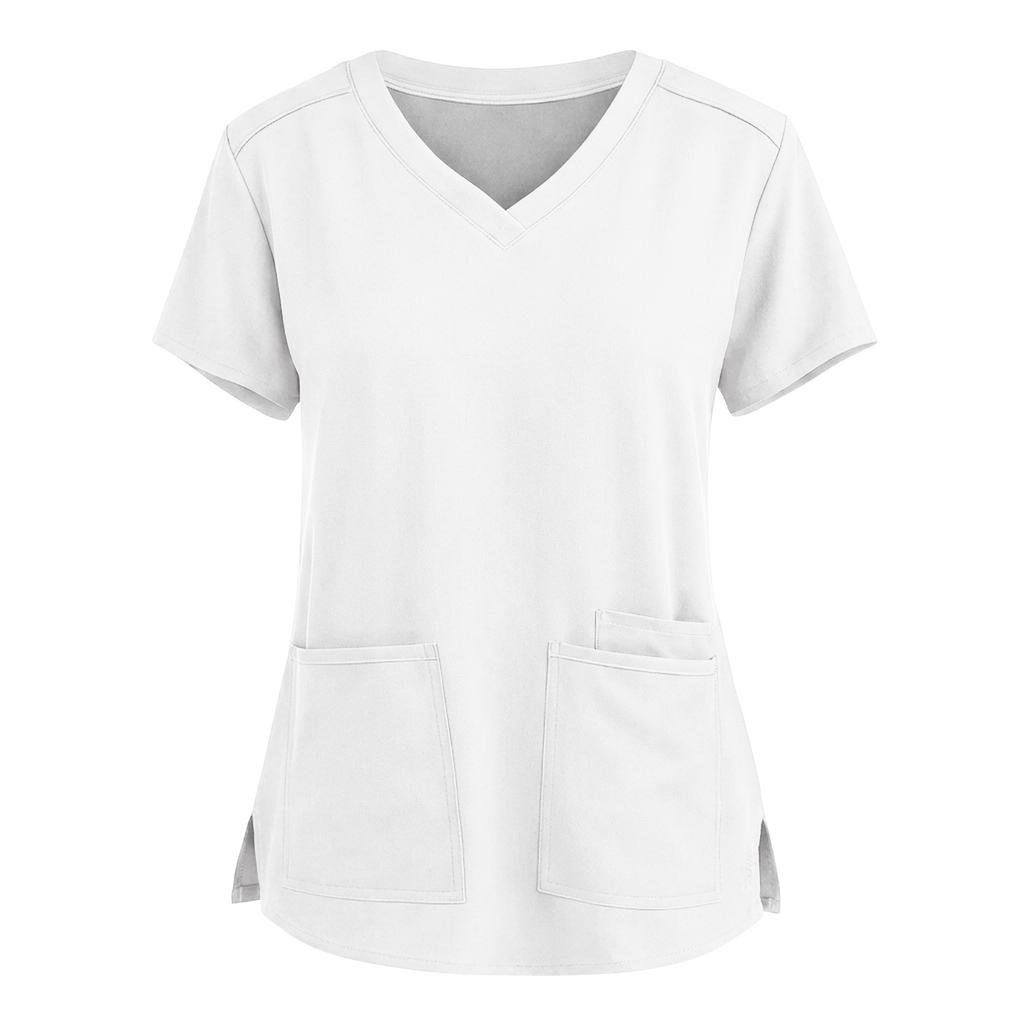Camicetta da Lavoro alla Moda da Donna a Maniche Corte con Scollo a V, Vestibilità Larga, con Spacco e Tasche