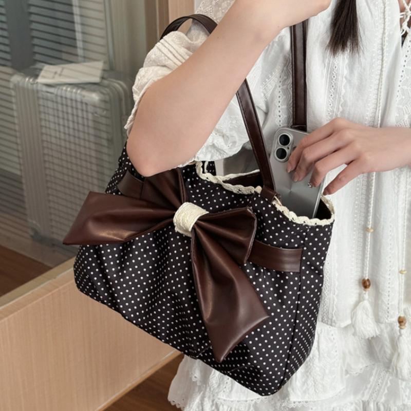 Vintage Y2k Polka Dot Bow Shoulder Bag Japanese Sweet Underarm Bag Stylish Cute Lolita Handbag Casual Versatile Plush Tote Bag
