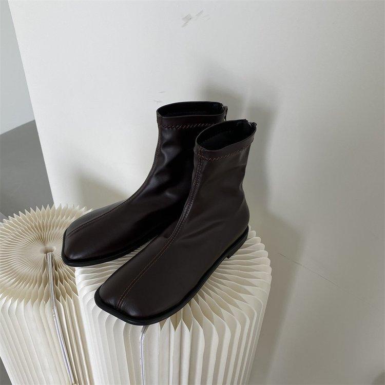 Short boots women's spring and autumn single boots 2025 new square head mango boots soft leather elastic thin boots retro fried street Martin boots