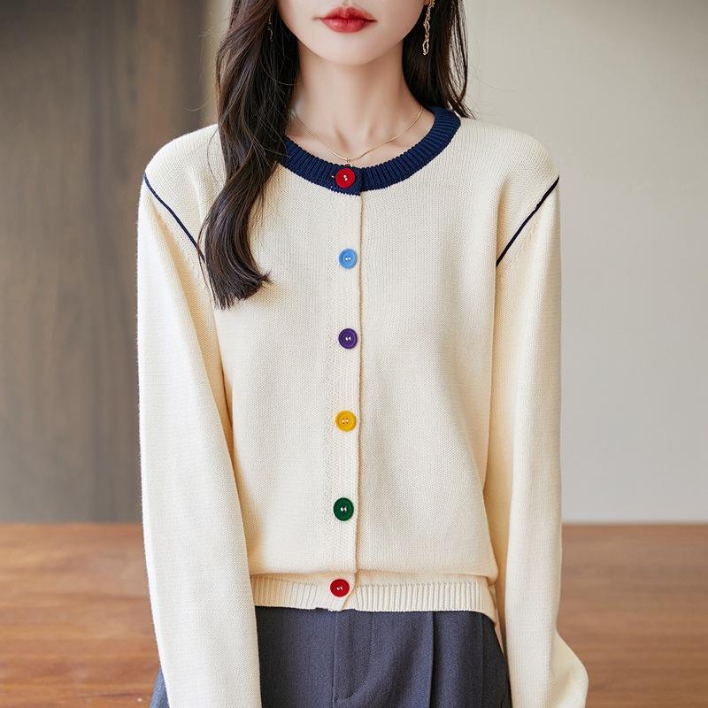 Round-neck Knitted Cardigan, Long-sleeved Women's Color-buttoned Design Sweater Jacket, New for Spring and Autumn