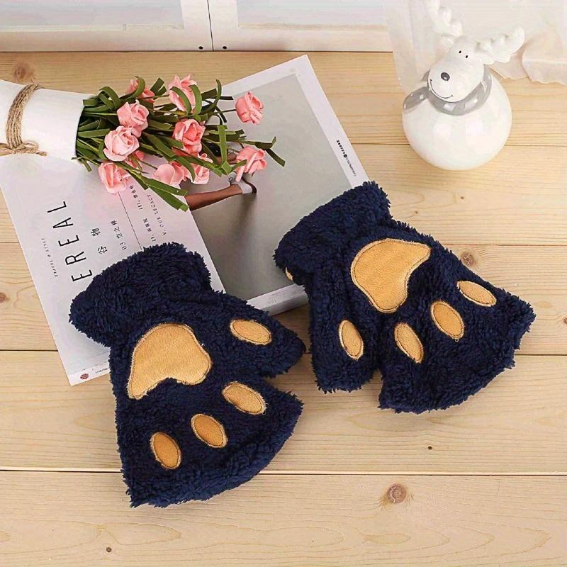 Women Cute Cat Claw Paw Plush Mittens Warm Soft Plush Short Fingerless Fluffy Bear Cat Gloves Costume Half Finger Party Gift