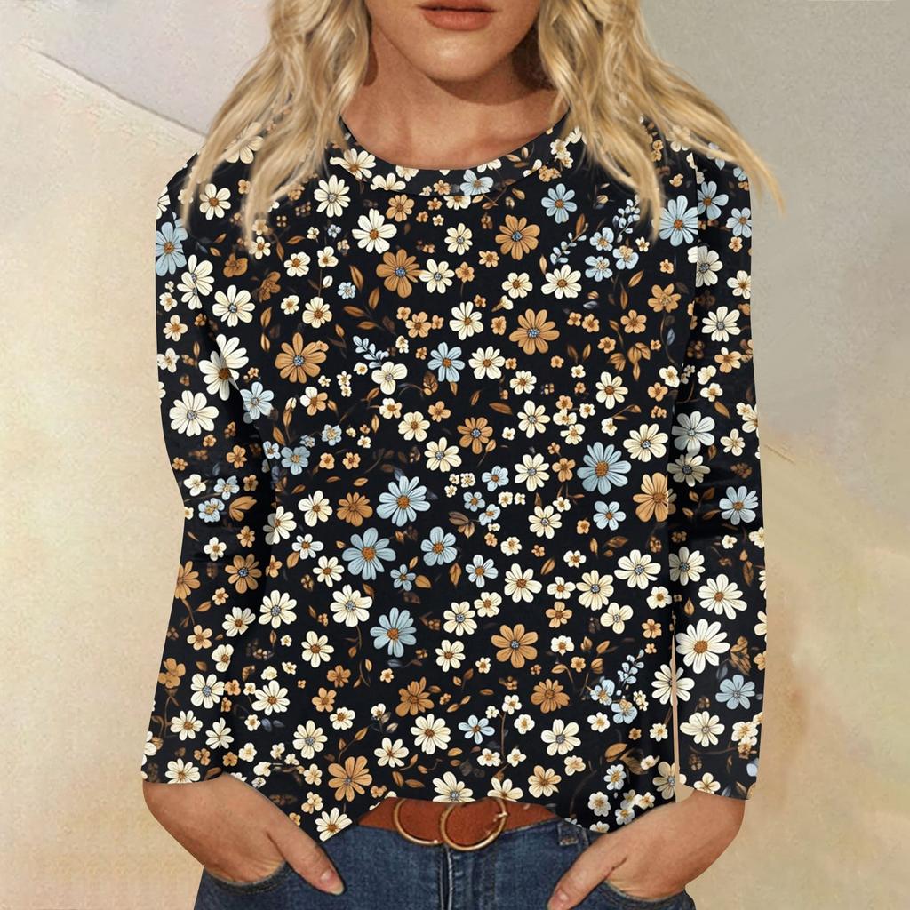 Women's Fashion Casual Long Sleeve  Print Round Neck Top