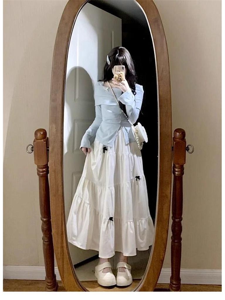 French Blue Long-Sleeve Spring Dress for Women 2025 - Small Sizes Available