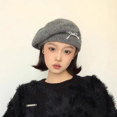New Sweet Bow Knitted Beret Warm Versatile Big Head Circumference Showing Face Small Painter Hat