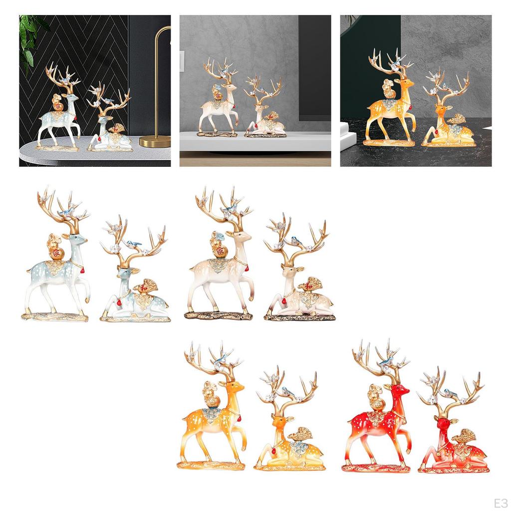 2Pcs Couple Reindeer Figurines Animal Ornament Sitting Standing Elk Sculpture Deer Statues for Table