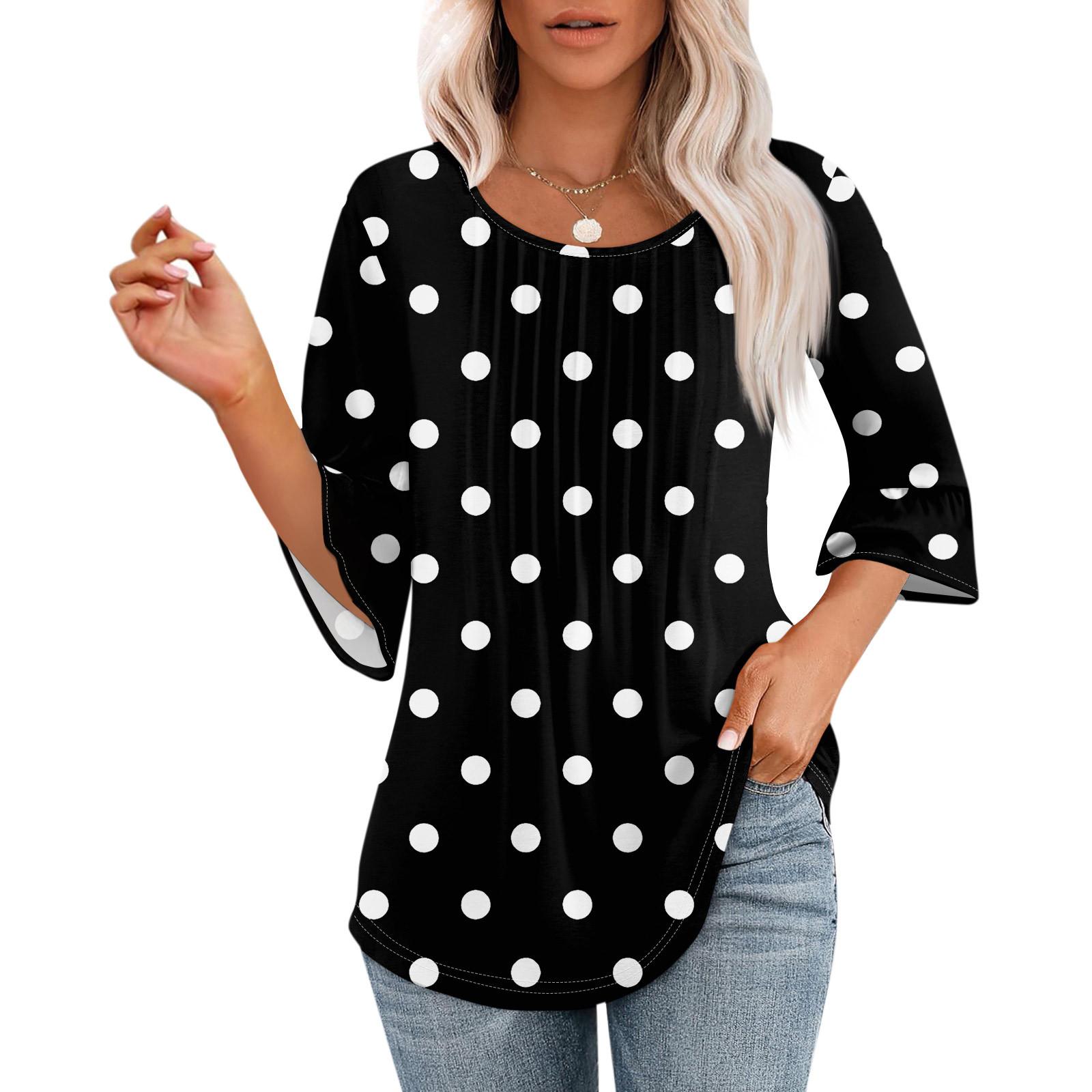

Жіночі топи з рукавом 3/4, літні плісировані сорочки з круглим вирізом, модні ошатні повсякденні блузки-туніки вільного крою XL чорний