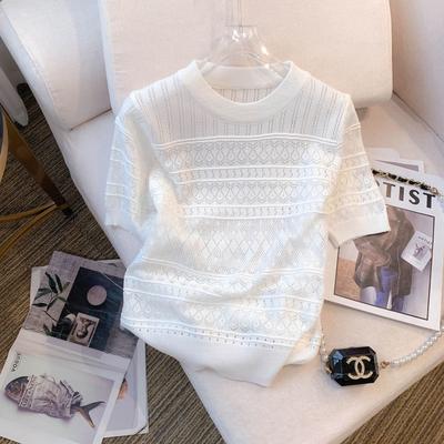 Summer Thin Hollow Out Crew Neck Pullover Sweater Versatile Short Sleeve Knitted Top For Spring & Women's Clothing