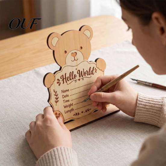 Nursery Shelf Display Sign Wooden Baby Birth Announcement Sign, Cute Bear Hello World Newborn Welcome Statistics Memory Board with Stand, Name Plaques