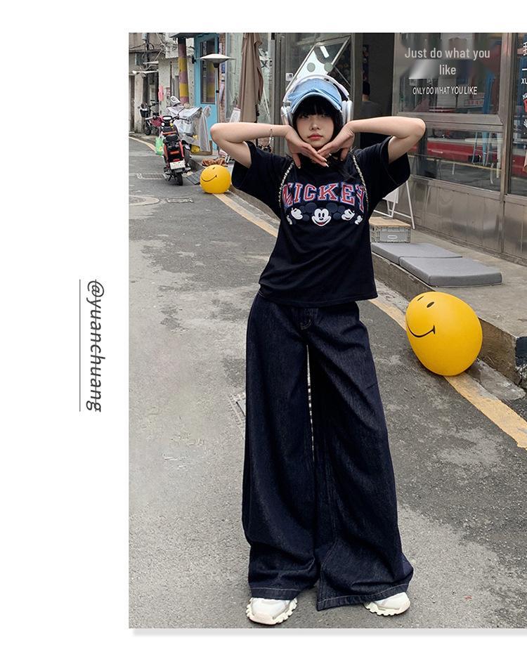 Women's Dark Blue High-Waisted Wide-Leg Jeans - 2025 Spring/Autumn Straight Loose Floor-Length Pants