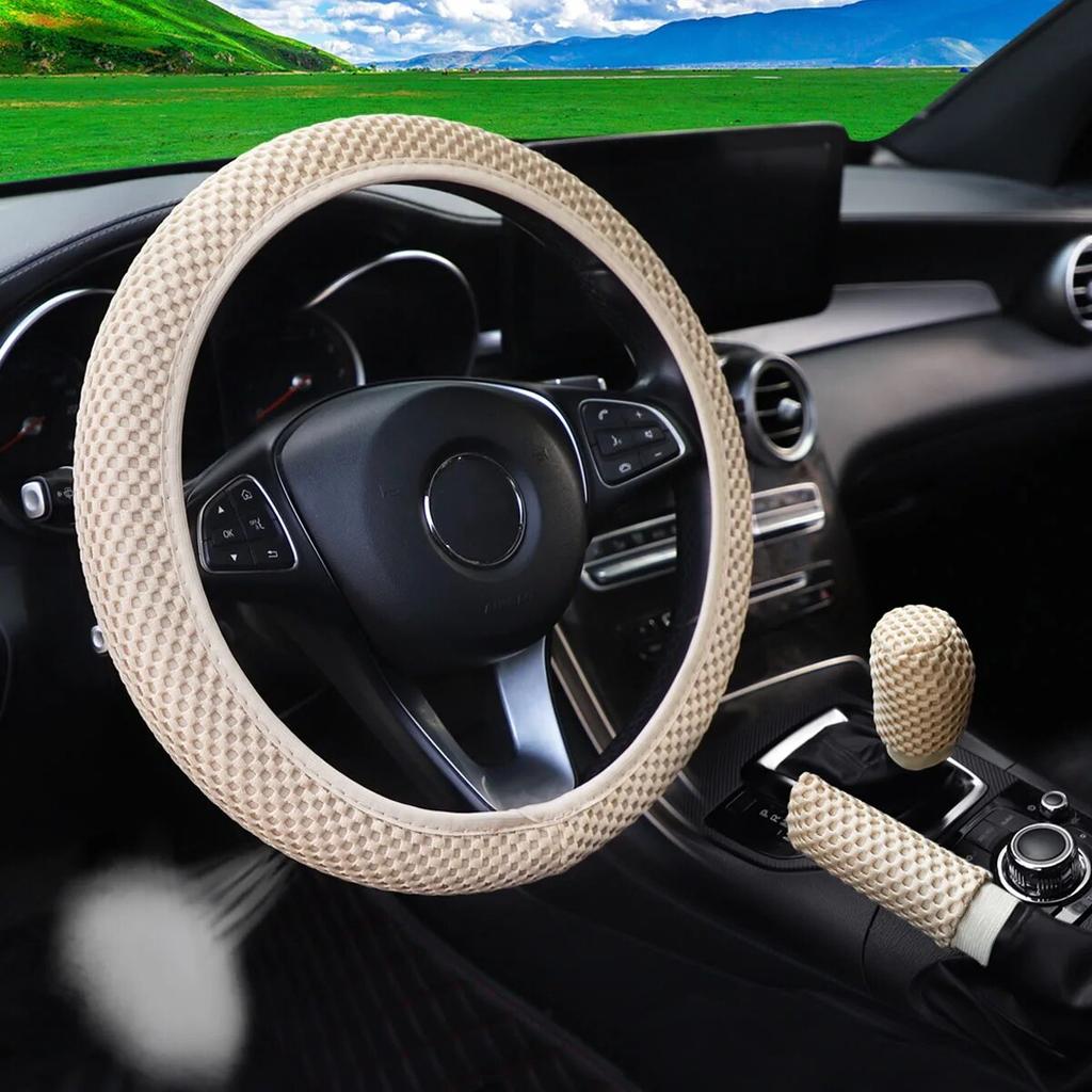 3-piece Massage Mesh Cloth Breathable Car Without Inner Ring Steering Wheel Cover Handbrake Cover Handle Cover 14.5-15INCH
