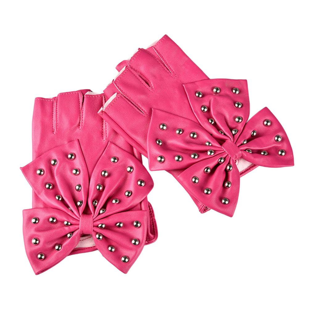 Women Bowknot Rivet Half Finger Gloves PU Leather Gloves For Nightclub Hiphop Dancing Wear And Stage Performances