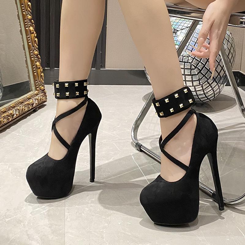 Fashion Liyke Big Size 43 44 45 Women Pumps Solid Black Round Toe Metal Rivet Ankle Hook Strap Platform High Heels Wedding Banquet Shoes