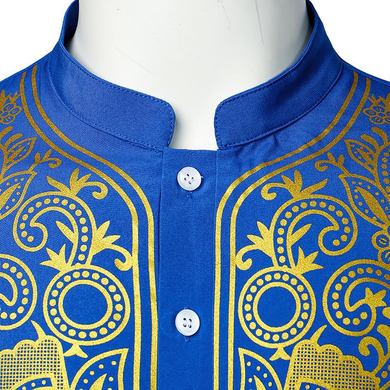 New Men's Casual Printed Shirt Gold Stamping Long Stand-up Collar Pullover Comfortable Shirt
