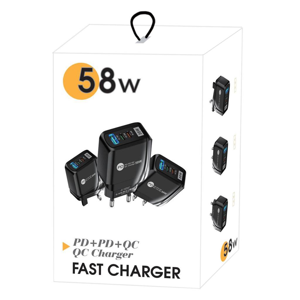 Luminous 58W Fast Charger: Dual Fast Charge 2PD + QC3.0 USB for Mobile Phones, Certified PD Charger
