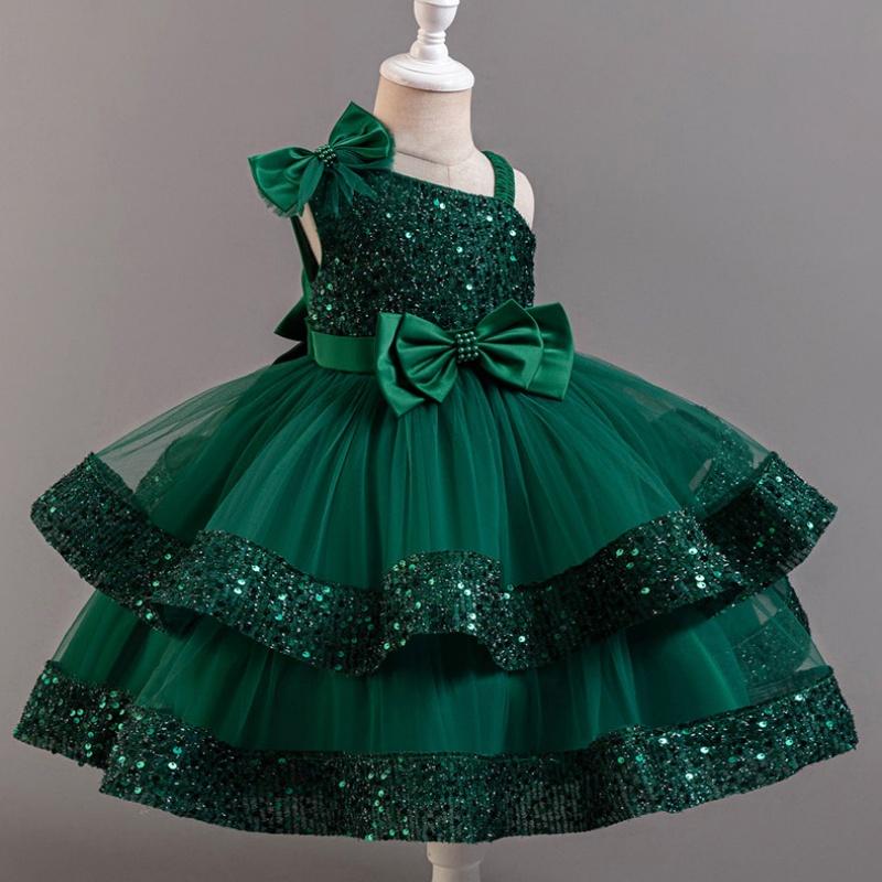 Girls Beaded Bow Tie Sequin Mesh Children's Sleeveless Evening Dress School Graduation Party Multi Layered Dress