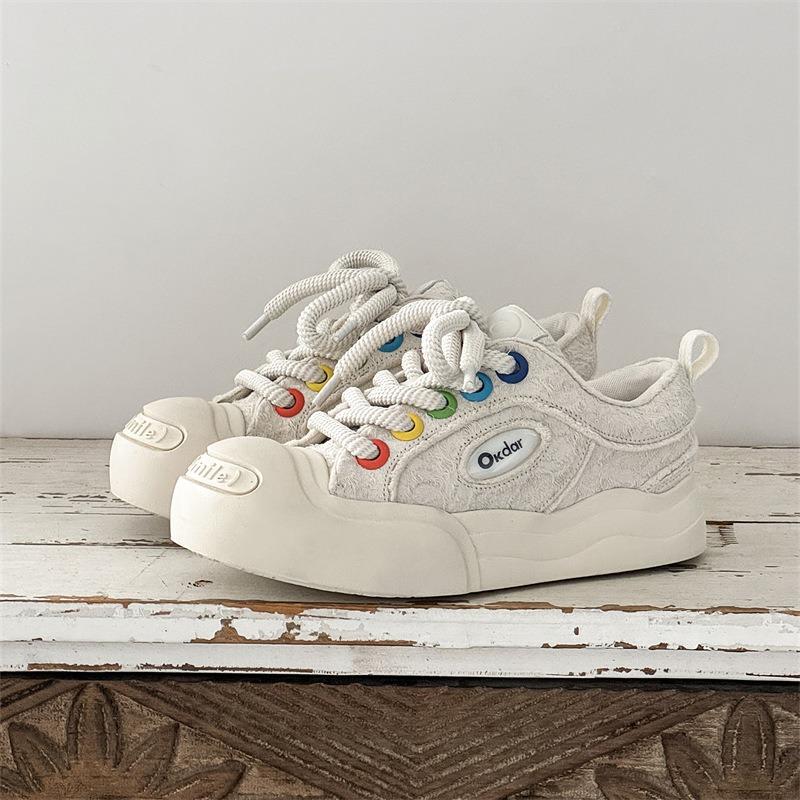 58093 White Deer Smiler Open Smile Canvas Shoes Inner Height Increase Thick Sole Round Head Black and White Big Head Shoes