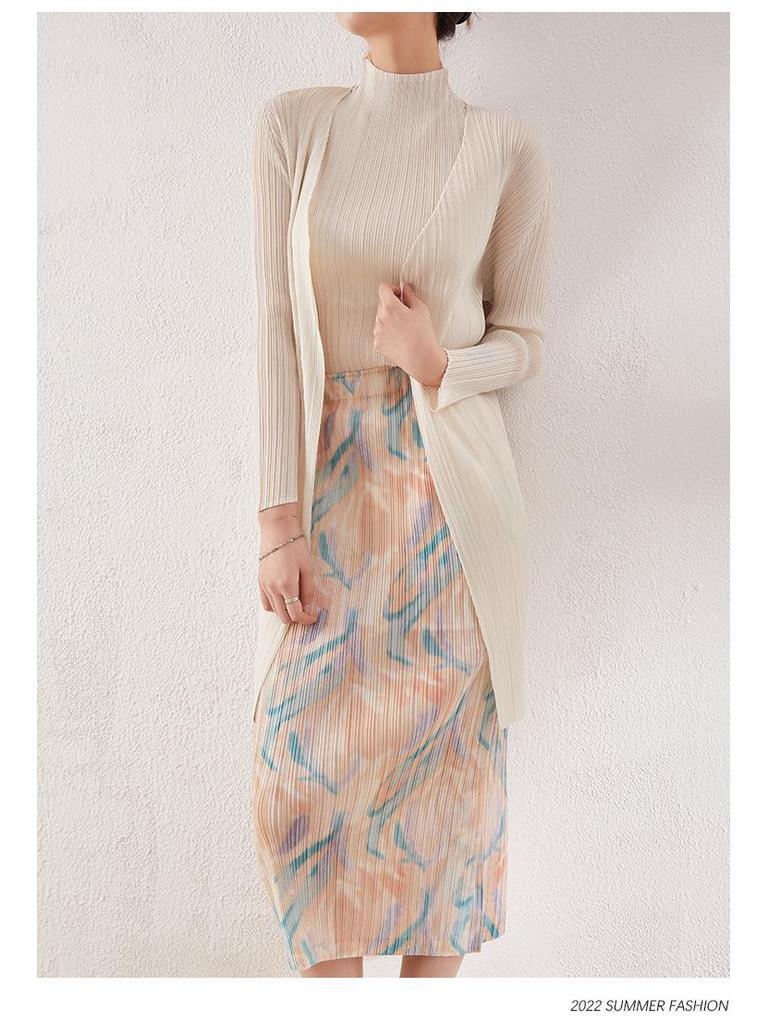 2024 Frühling Damen Midilanger Miyake Zahnstocher Cardigan - Langärmelig, Lässige lockere Passform, Plissierte Oberbekleidung