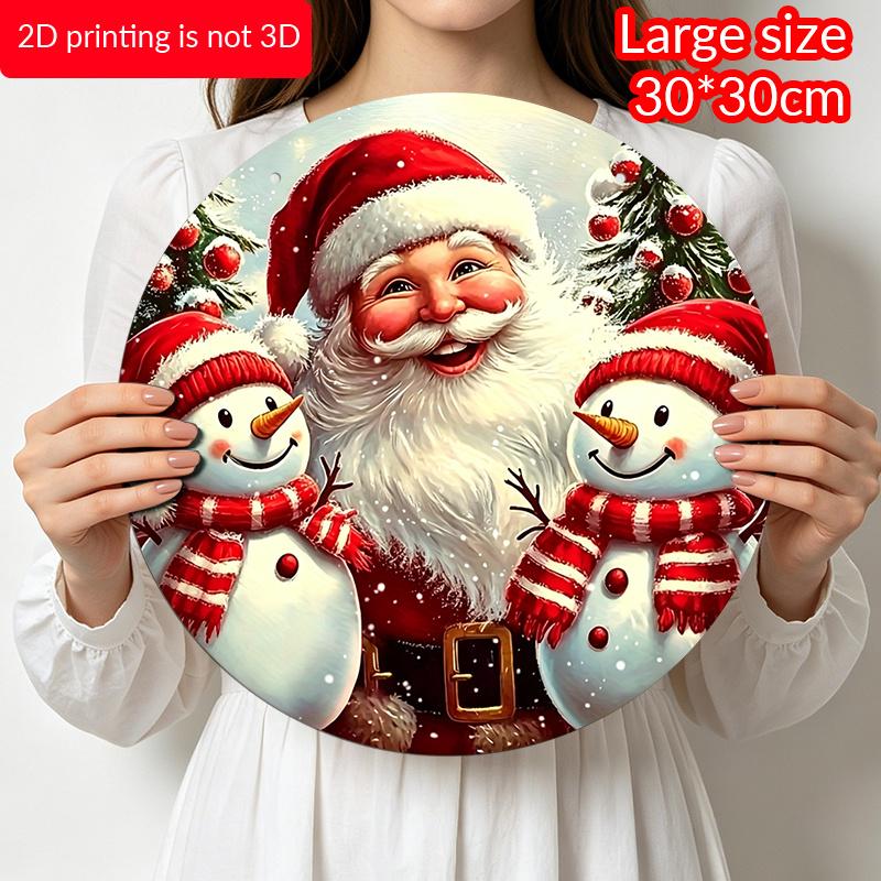 2D Flat 1pc Round Aluminum Hanging Sign, Vintage Santa Claus Two Snowmen Christmas Tree Metal Wall Decor, Xmas Winter Farmhouse Front Door Porch