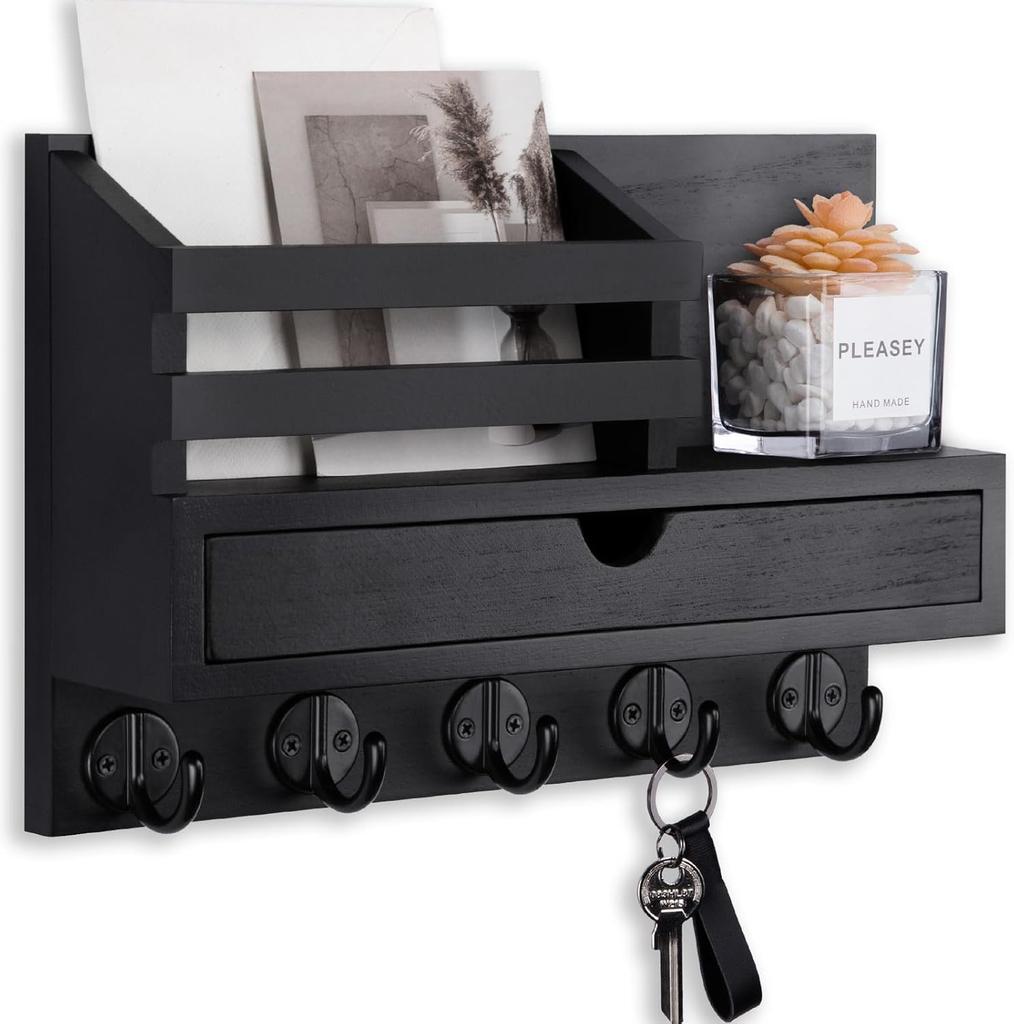 Wall Key Holder with Mail Shelf Drawer and 5 Hooks Entryway Organizer Black