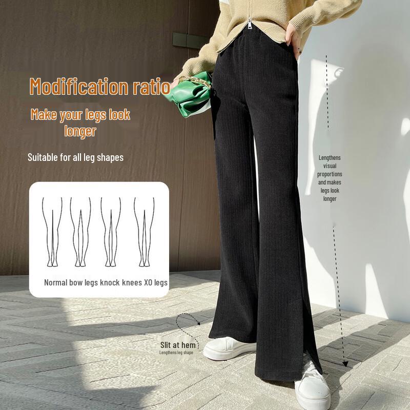 Women's Ribbed Fleece-Lined High-Waist Slit Flared Pants