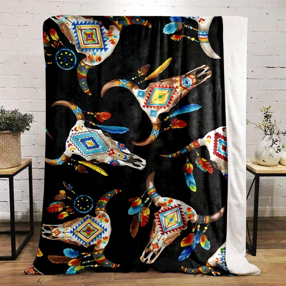 Bohemian Cow Skull Feather Blanket Bedroom Blanket for Livingroom Couch Lunch Break Soft Throw for Friend's Festival Gift