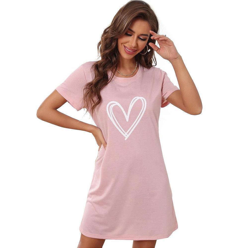 Heart Print Short Sleeve Nightdress - Comfortable and Stylish for Home or Outdoors