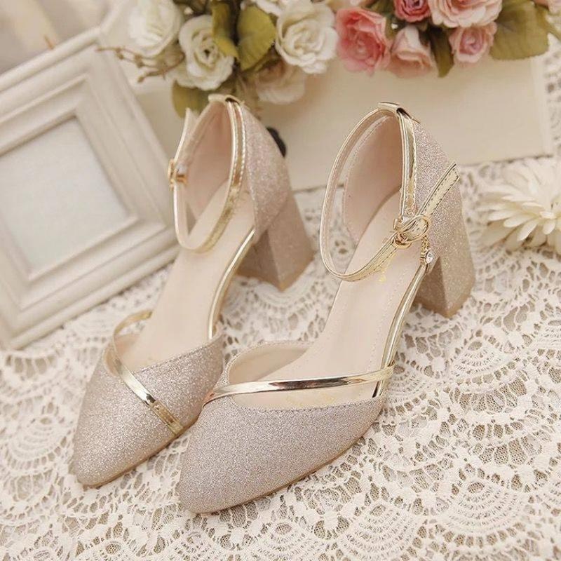 

Новая Свадебная Обувь Женские Туфли на Толстом Каблуке Туфли-лодочки на Высоком Каблуке Средний Каблук 41 золотой