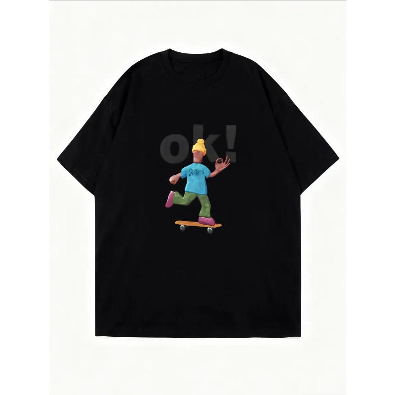 Cotton T Shirt White Skateboarder Cartoon Print Ok Text Casual Wear For Women Summer Outfit Street Style Top