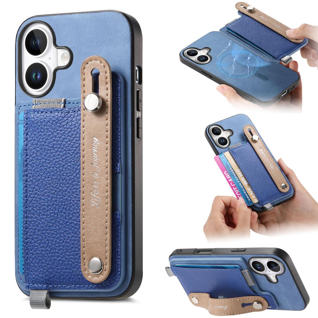For iPhone 16 Plus Magnetic Leather Back Case with Detachable Card Holder and Wristband