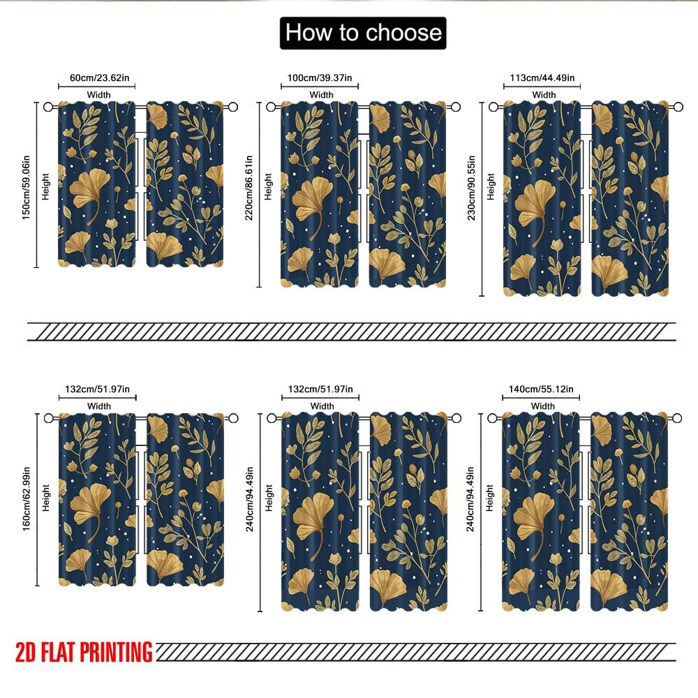 Flat Printing Curtains Golden Ginkgo Leaves Digital Printed Polyester Drapes Festive Holiday Bedroom Window Curtain Set Of 2 Made Washable Ready