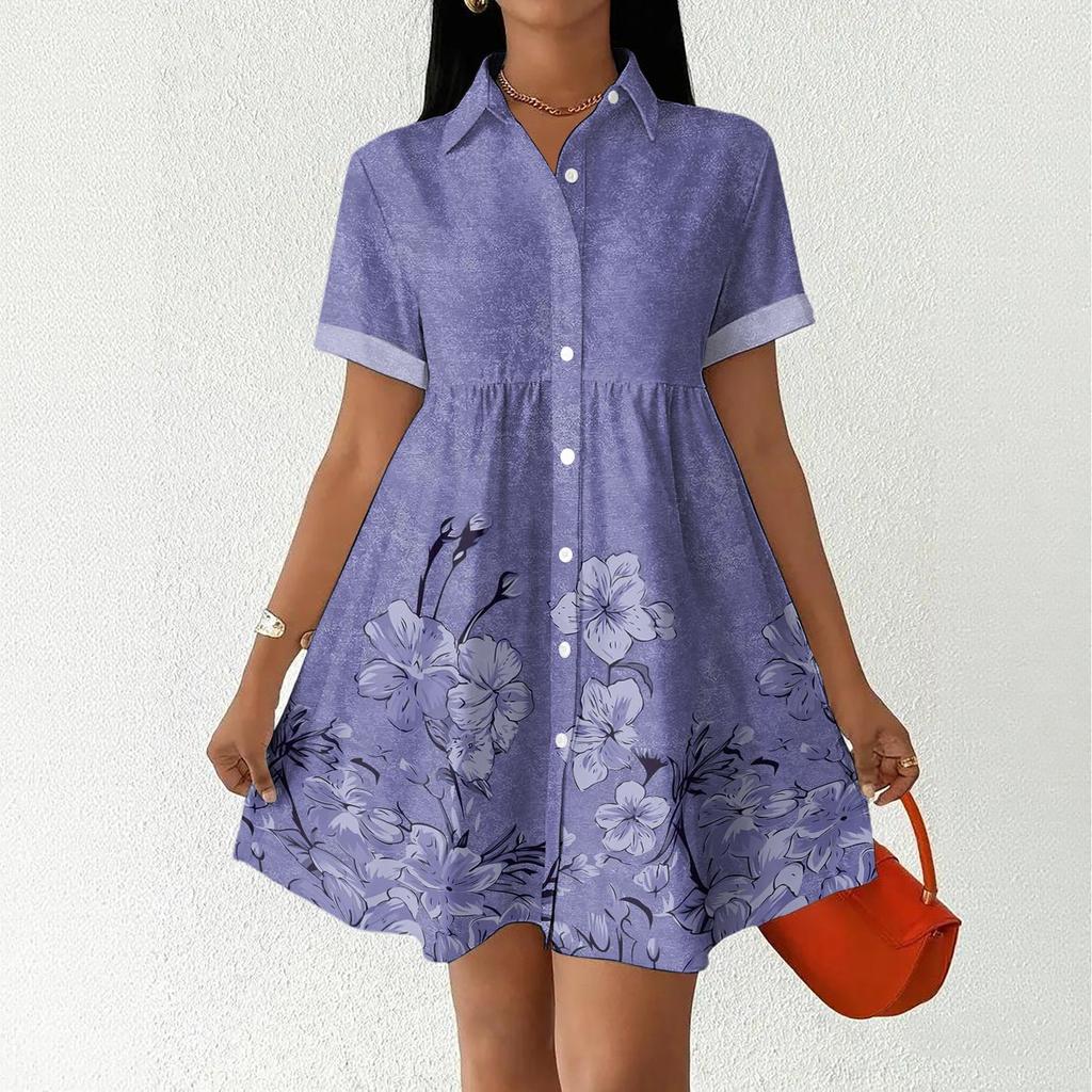 Women's Casual Loose Fit Shirt Dress Button Down Collar Short Sleeve Floral Print Summer Dress